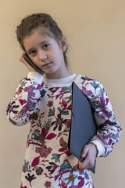 Cute Modern Little Girl Talks Phone — Stock Photo, Image