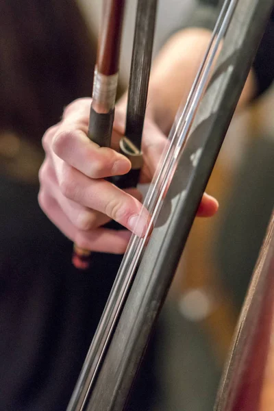 Mano Una Chica Tocando Violonchelo Cerca Contrabajo —  Fotos de Stock