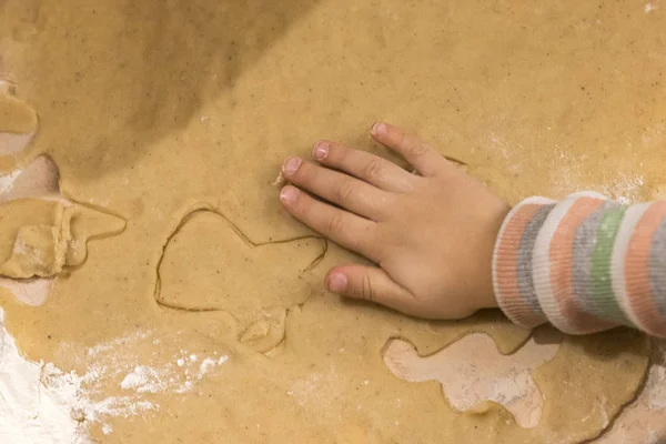 The child makes pastry with dough from forms.