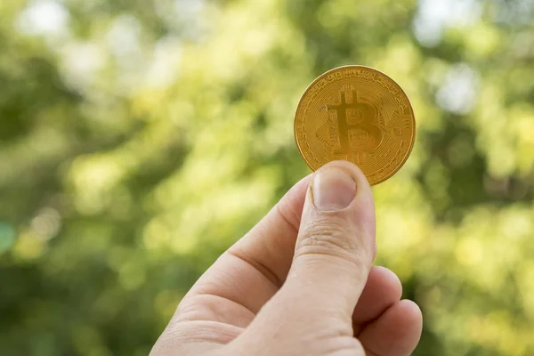 Bitcoin Hand Houden Met Groene Achtergrond Bitcoin Concept Wazig Kopiëren — Stockfoto
