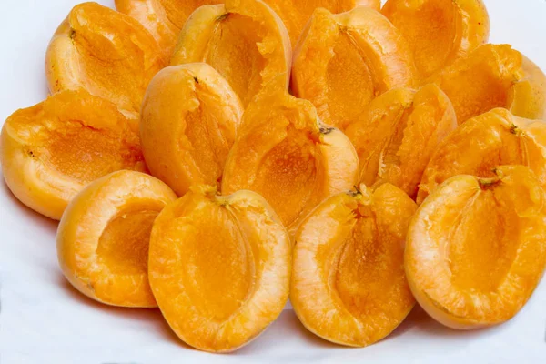 Peeled Apricot Plate Peeled Fresh Apricot White Plate Pits Healthy — Stock Photo, Image
