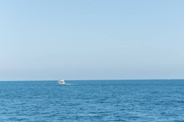 Okyanusta yelken turistik gemi. Sevkiyat iş turizm kavramı. Arka plan. Dawn ve ufukta beyaz bir gemi gökyüzü mavi deniz, pembe. Dinlenme, tatil, hafta sonu ve cruise kavramı