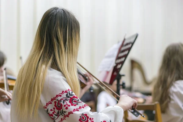 Скрипаль Довгим Волоссям Сцені — стокове фото