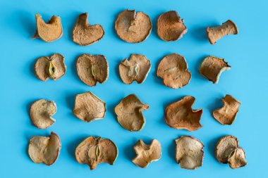 mavi arka plan üzerinde kurutulmuş elma dilimleri. Sığ derinlik-in tarla. Ev yapımı kurutulmuş organik elma dilim