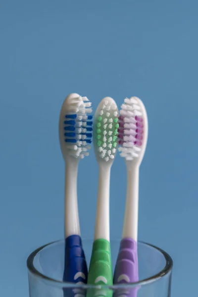 Toothbrushes Blue Background Flat Lay Composition Manual Toothbrushes Color Background — Stock Photo, Image