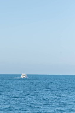 Okyanusta yelken turistik gemi. Sevkiyat iş turizm kavramı. Arka plan. Dawn ve ufukta beyaz bir gemi gökyüzü mavi deniz, pembe. Dinlenme, tatil, hafta sonu ve cruise kavramı.