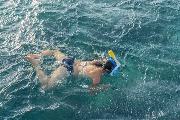 Mujer joven haciendo snorkel en transparente poco profundo. Mujer joven en el snorkel en el agua tropical. mujer activa buceo libre snorkel en hermoso océano azul en vacaciones de verano — Foto de Stock