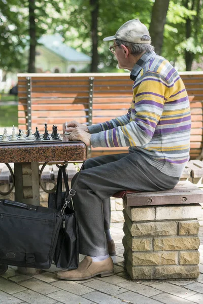 Jugador de ajedrez en el parque. El viejo juega al ajedrez en el parque. foto vertical — Foto de Stock