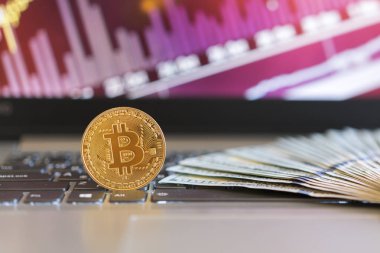 bitcoin, grafik ve abd doları. Finans ticareti. Bulanık bir arka plan üzerinde bitcoin grafikleri ile bir dizüstü bilgisayar üzerinde döşeme dolar banknotları