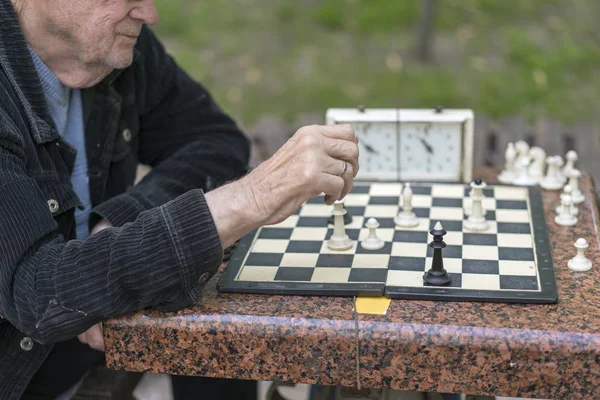 Jugador de ajedrez en el parque. Viejo juega ajedrez en el parque — Foto de Stock