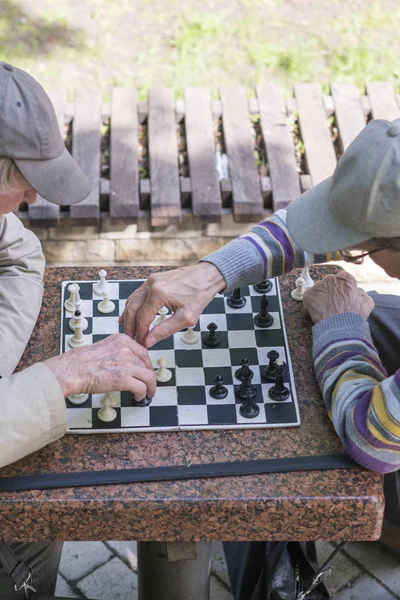 Chess player in the park. Old man plays chess in the park. vertical photo — Stock Photo, Image