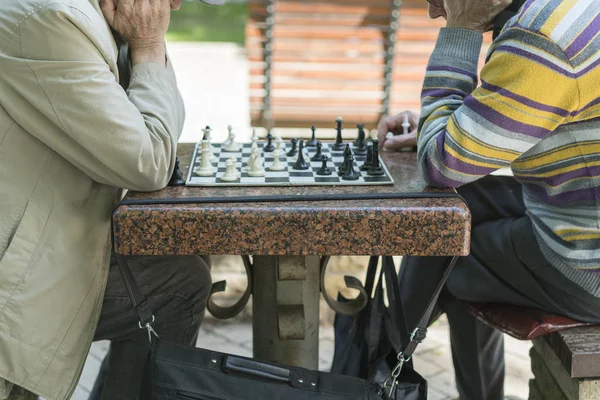 Aktive Rentner, alte Freunde und Freizeit, zwei Senioren, die Spaß haben und im Park Schach spielen. Alte Männer spielen Schach in einem Park — Stockfoto