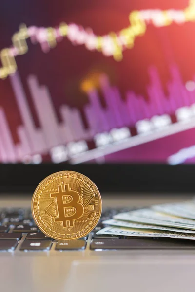 Bitcoin, grafiek en Amerikaanse dollar. Financiële handel. Dollar rekeningen op een laptop met bitcoin grafieken op een onscherpe achtergrond. verticale foto. — Stockfoto