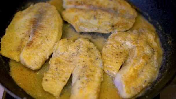 Рыбные Стейки Жарящиеся Сковороде — стоковое видео