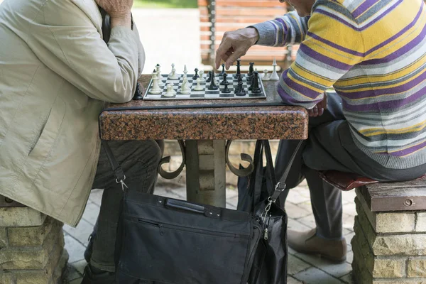 Active retired people, old friends and free time, two seniors having fun and playing chess game at park. Old men are playing chess in a park