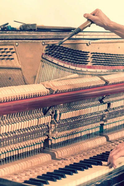 Piano tuning process. closeup of hand and tools of tuner working on grand piano. Detailed view of Upright Piano during a tuning. vertical photo. toned.