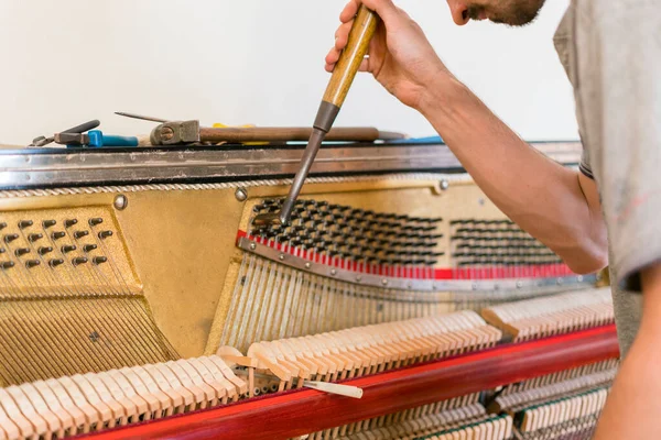 Piano tuning process. closeup of hand and tools of tuner working on grand piano. Detailed view of Upright Piano during a tuning. toned.