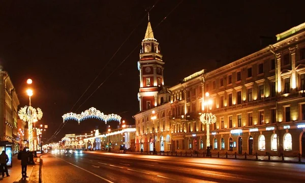 Christmas decoration of the city with electric glowing lights, Nevsky Prospect in St. Petersburg