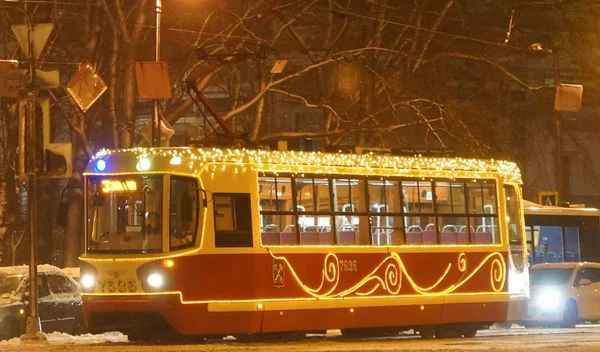 New Year Tram One Streets Petersburg — Stock Photo, Image
