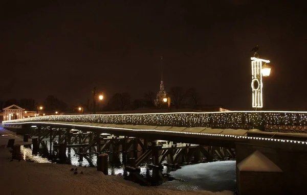 Christmas Decoration Petersburg Ioannovsky Bridge Peter Paul Fortress — Stock Photo, Image