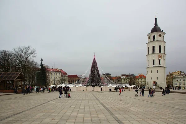 Katedraltorget Klocktornet Och Huvudsakliga Nyår City Träd Vilnius — Stockfoto