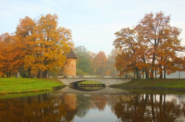 Sonbahar sabahı kabuğu kule ve Pavlovsk Park Bridge'de