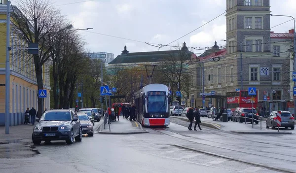 May sunday and city tram on street — ストック写真