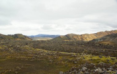 Landmannalaugar Doğal Parkı 'nın renkli dağlarında yürüyüş