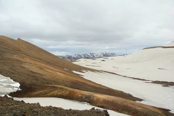 stock image Trekking Landmannalaugar - Hoskuldskali and beautiful snow landscapes