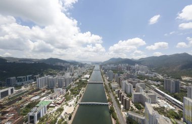 Shatin, Wan Tai Şing Mun Nehri Hong Kong'da hava panarama görünüm