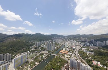Aerial panarama view on Shatin, Tai Wan, Shing Mun River in Hong Kong clipart