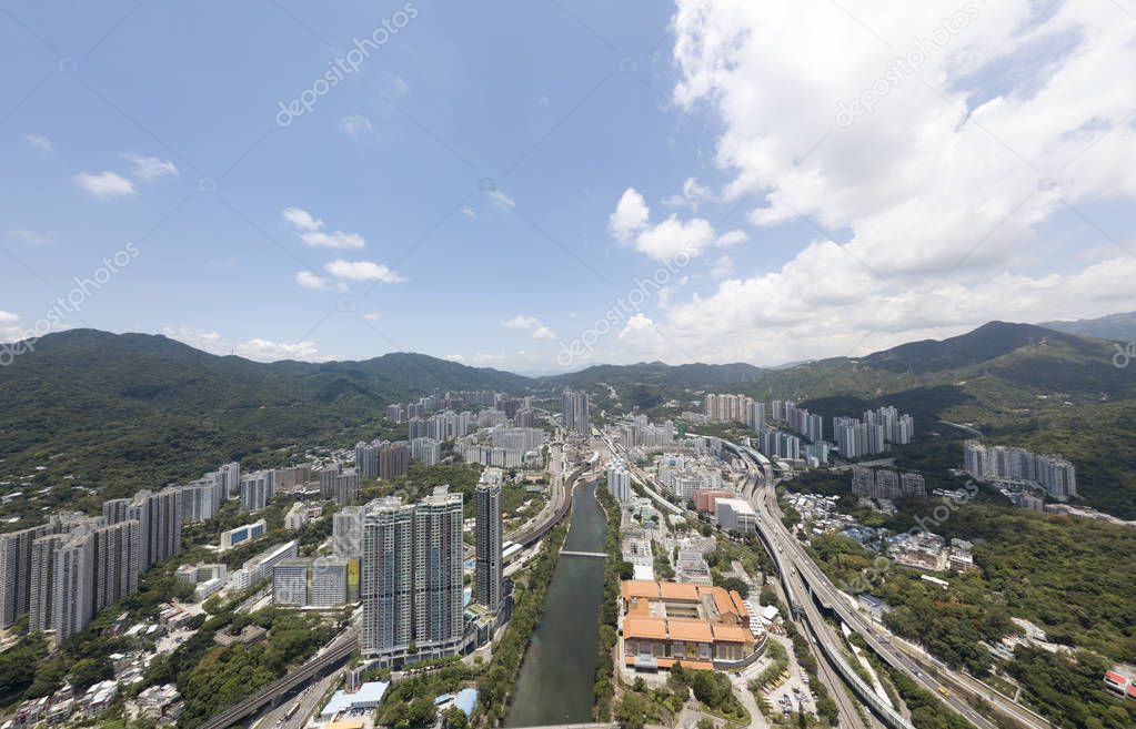Aerial panarama view on Shatin, Tai Wan, Shing Mun River in Hong Kong