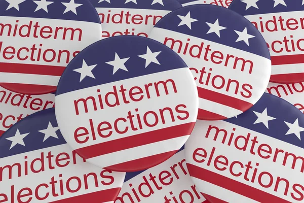 Значки новостей США: Куча кнопок промежуточных выборов с флагом США, 3d иллюстрация — стоковое фото
