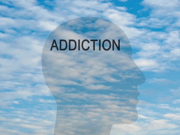 Ordet Addiction på Transparent huvud siluett mot en molnig himmel, illustration — Stockfoto