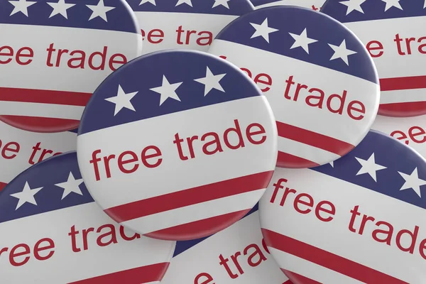 USA nieuws Badges: Stapel van vrijhandel knoppen met ons vlag 3d illustratie — Stockfoto