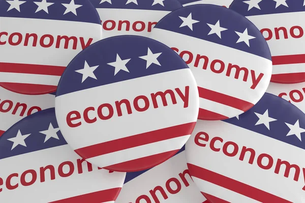 USA Politics News Badges: Pile of Economy Buttons With US Flag 3d illustration