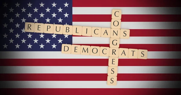 Letter Tiles Congress, Republicans And Democrats On US Flag 3d illustration