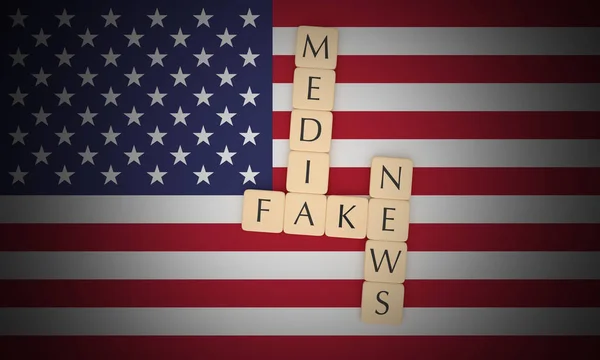 Politics News Concept: Letter Tiles Fake News Media On US Flag, 3d illustration