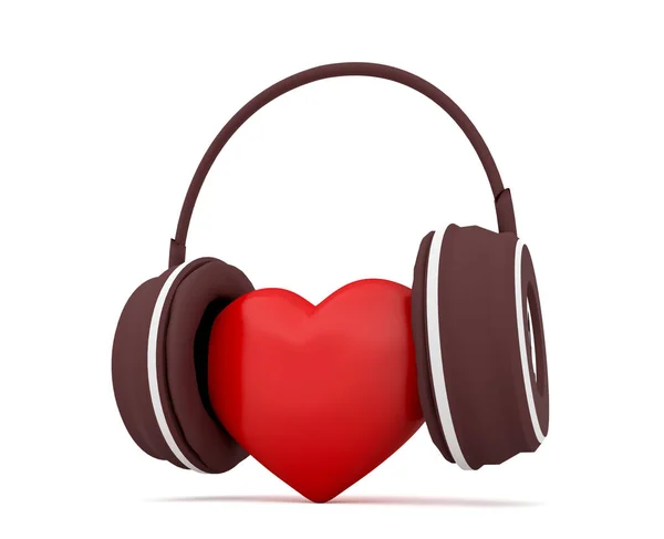 Love Music, Red Heart With Headphones, 3d illustration on white background — Stock Photo, Image