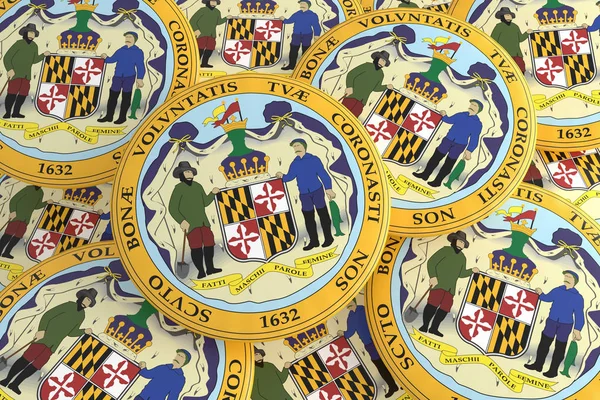 Pulsanti di Stato degli Stati Uniti: Pile of Maryland Seal Badges 3d illustrazione — Foto Stock