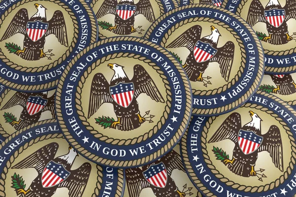 Botones del Estado de los Estados Unidos: Pila de insignias de sello de Mississippi 3d ilustración —  Fotos de Stock