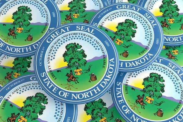 Pulsanti di Stato USA: Pile del North Dakota Seal Badges Illustrazione 3d — Foto Stock