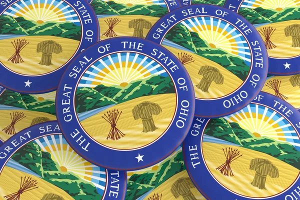 Pulsanti di Stato degli Stati Uniti: Pile of Ohio Seal Badges 3d illustrazione — Foto Stock