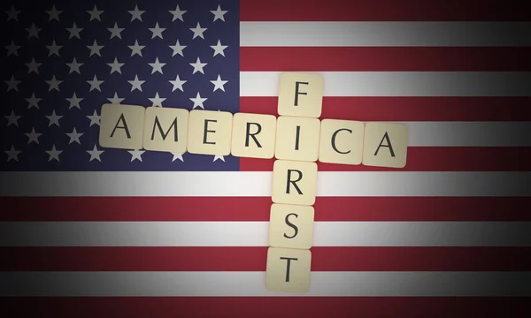 USA Politics News Concept: Letter Tiles America First On US Flag
