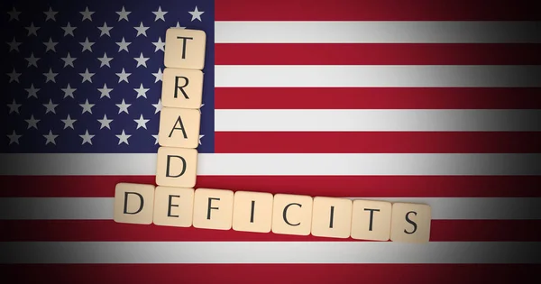 Letter Tiles Trade Deficits On US Flag, 3d illustration