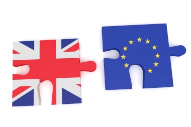 Puzzle parçaları Union Jack ve AB bayrağı, 3d çizim