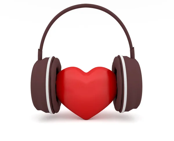 Red 3d Heart With Headphones, 3d illustration on white background — Stock Photo, Image