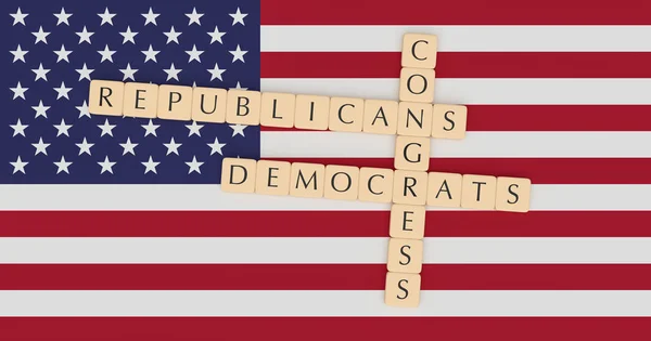 Brev plattor kongressen, republikaner och demokrater på oss flagga 3d illustration — Stockfoto