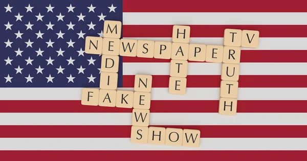 Letter Tiles Fake News Words Concept On US Flag, 3d illustration