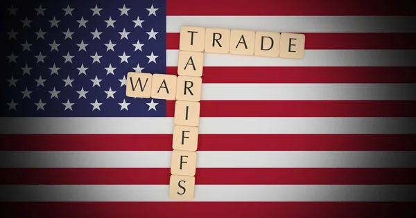 USA News Concept: Letter Tiles Tariffs And Trade War On US Flag, 3d illustration